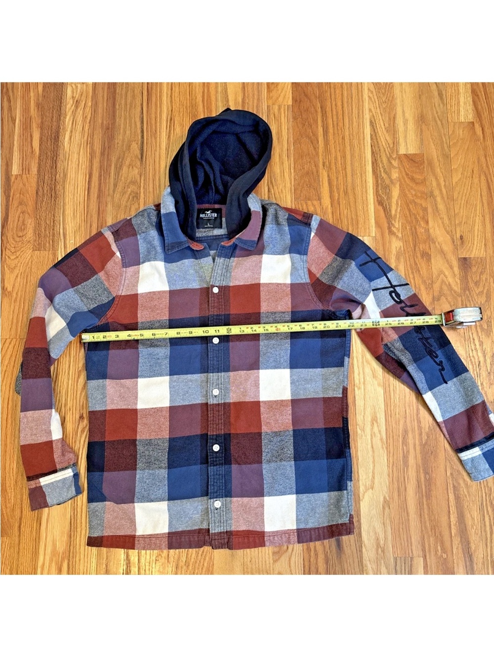 Hollister Hooded Plaid Flannel Shirt Mens Large Button Front Cotton Logo L